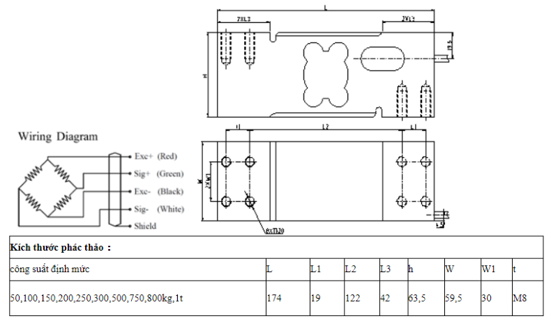 Bản vẽ cấu tạo chi tiết loadcell UDA do Keli sản xuất