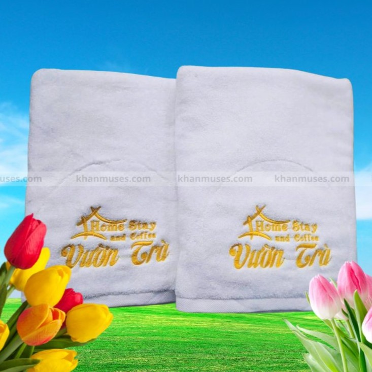 Khăn Khách Sạn - Khăn Cotton Thêu Logo - Vườn Trà Homestay