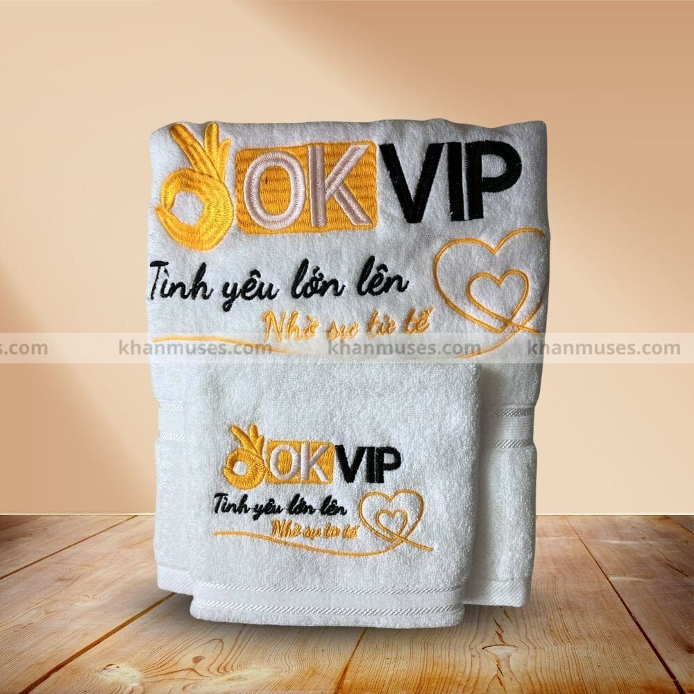 Khăn Quà Tặng Cotton Thêu Logo - Công Ty OK VIP