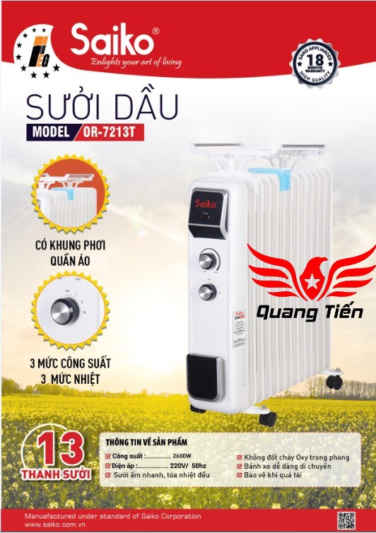 Máy Sưởi Dầu Saiko OR-7213T 13 Thanh (2600W)