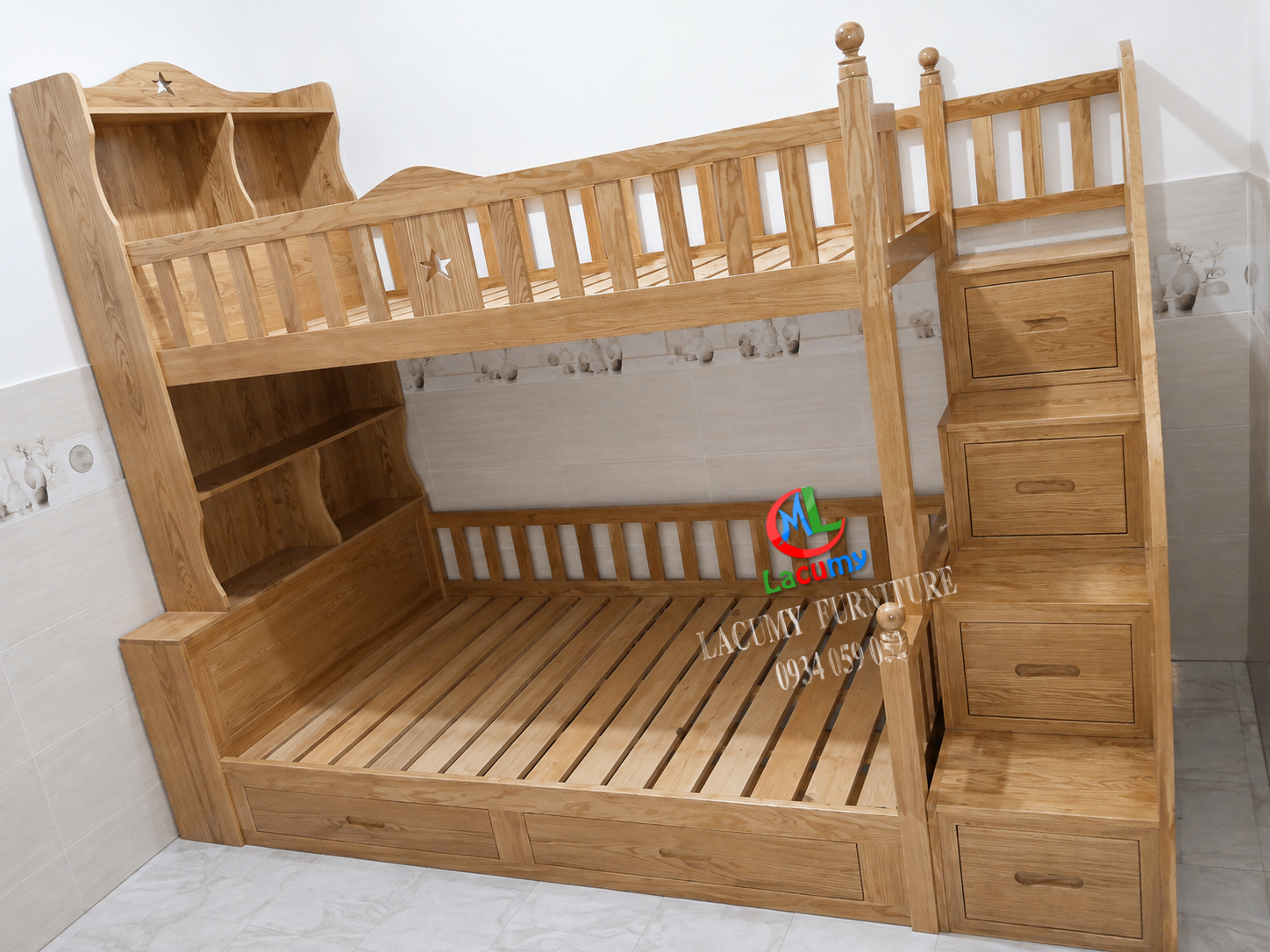 GIƯỜNG TẦNG CẦU THANG HỘC KÉO GỖ TẦN BÌ (SỒI NGA) - GT01