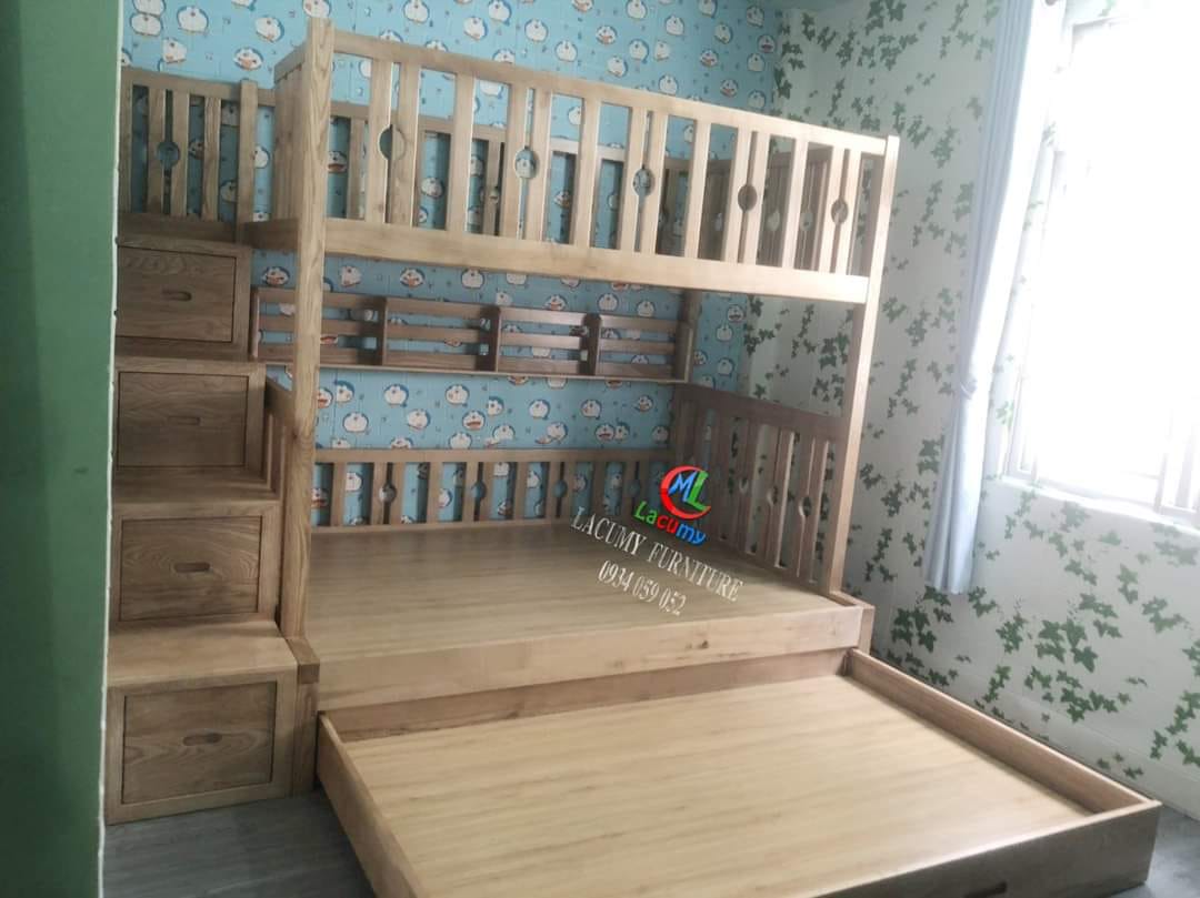 GIƯỜNG 3 TẦNG (1M2-1M4-1M2) CẦU THANG HỘC KÉO GỖ TẦN BÌ - GN28R