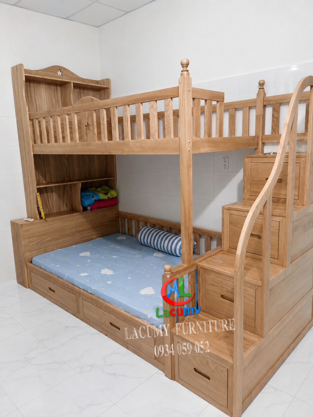 GIƯỜNG TẦNG CẦU THANG HỘC KÉO GỖ TẦN BÌ (SỒI NGA) - GT01