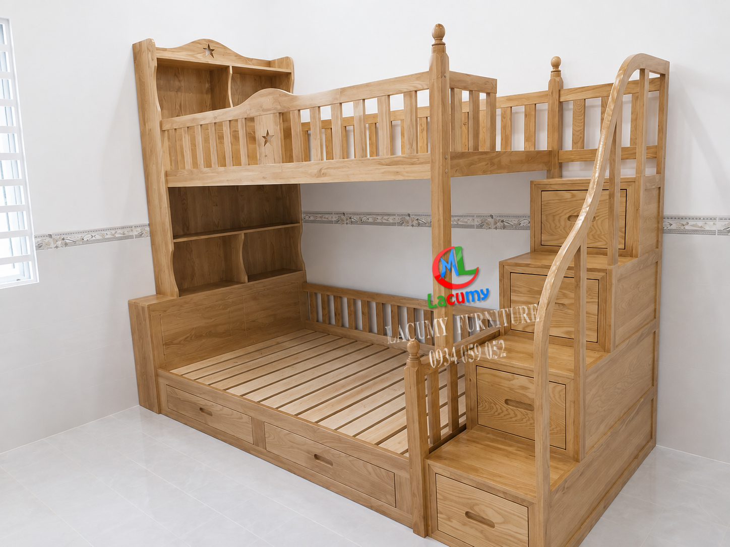 GIƯỜNG TẦNG CẦU THANG HỘC KÉO GỖ TẦN BÌ (SỒI NGA) - GT01