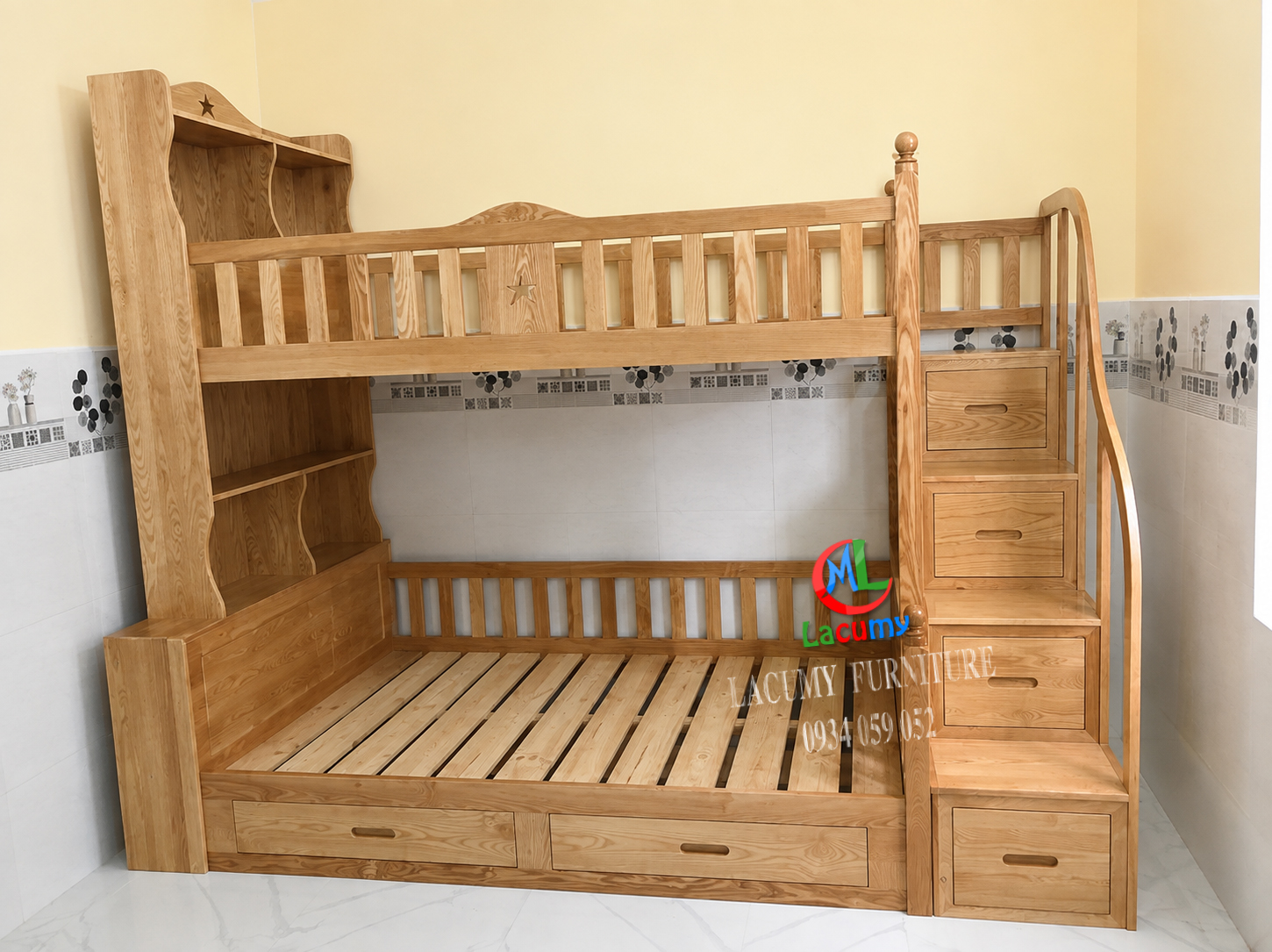 GIƯỜNG TẦNG CẦU THANG HỘC KÉO GỖ TẦN BÌ (SỒI NGA) - GT01