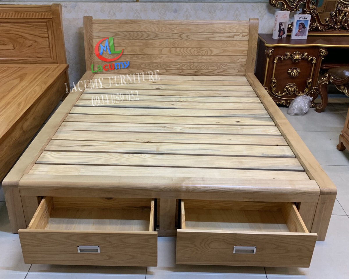 GIƯỜNG KIỂU NHẬT ĐẦU GIƯỜNG RON THẲNG GỖ TẦN BÌ (SỒI NGA) HK ĐUÔI -GN06(1m8)