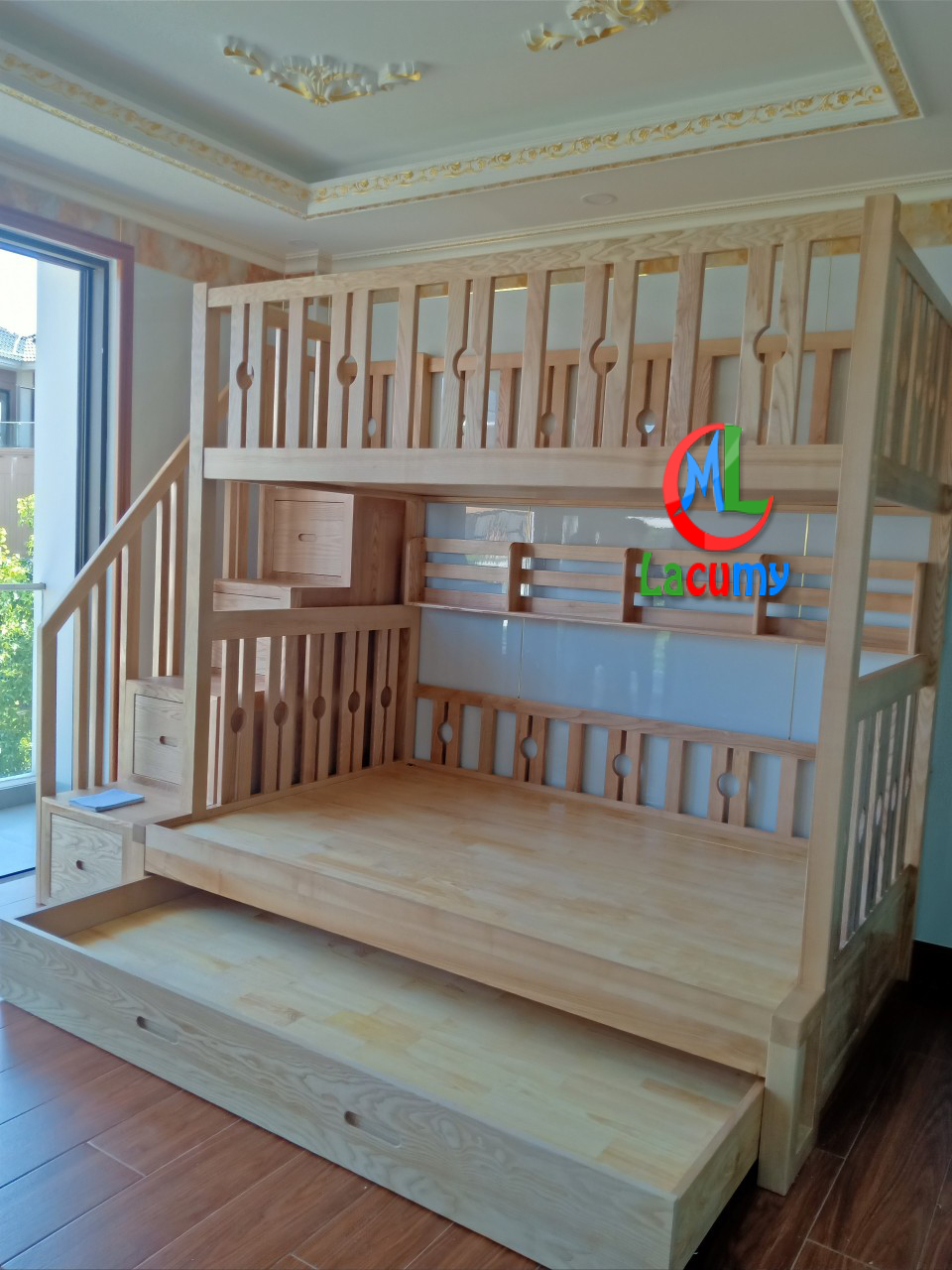 GIƯỜNG 3 TẦNG (1M2-1M4-1M2) CẦU THANG HỘC KÉO GỖ TẦN BÌ - GN28L