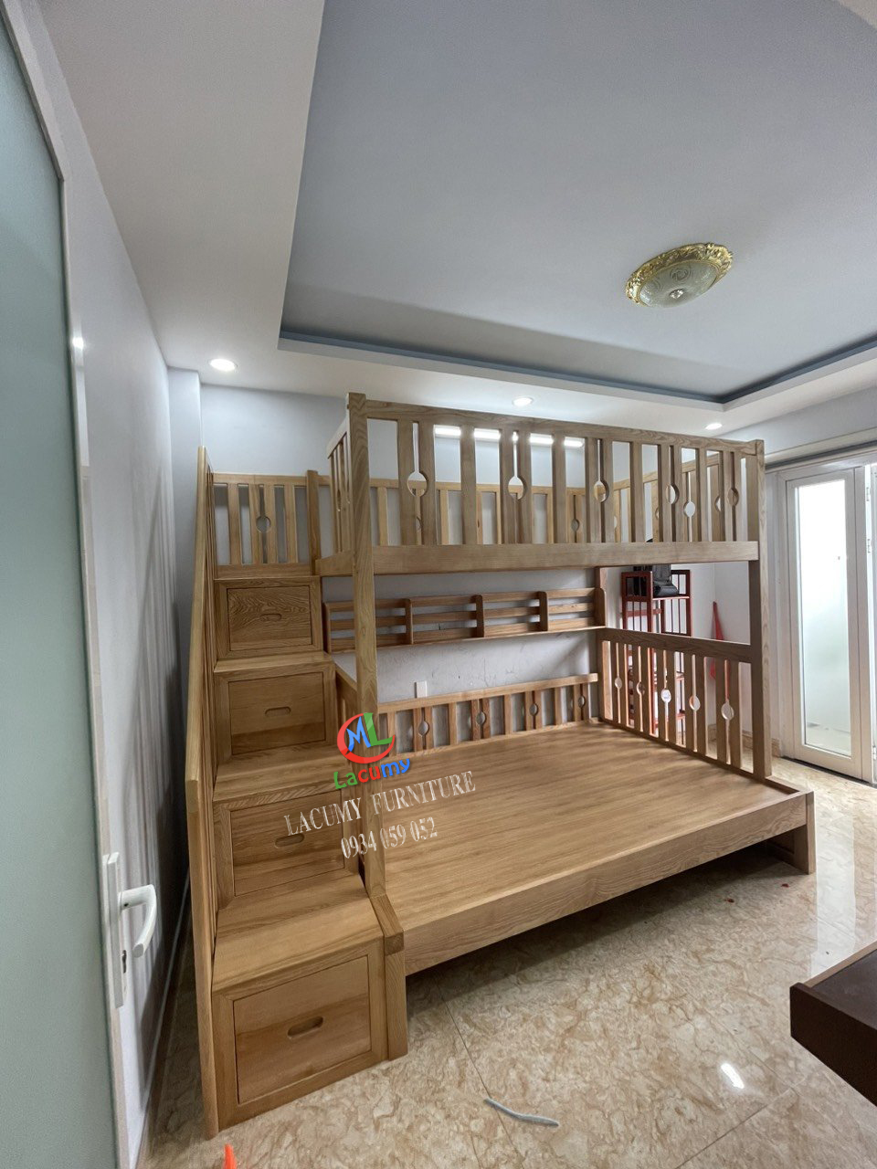 GIƯỜNG 2 TẦNG (1M2-1M4) CẦU THANG HỘC KÉO GỖ TẦN BÌ - GN30