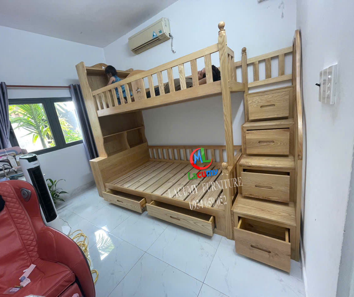 GIƯỜNG TẦNG CẦU THANG HỘC KÉO GỖ TẦN BÌ (SỒI NGA) - GT01