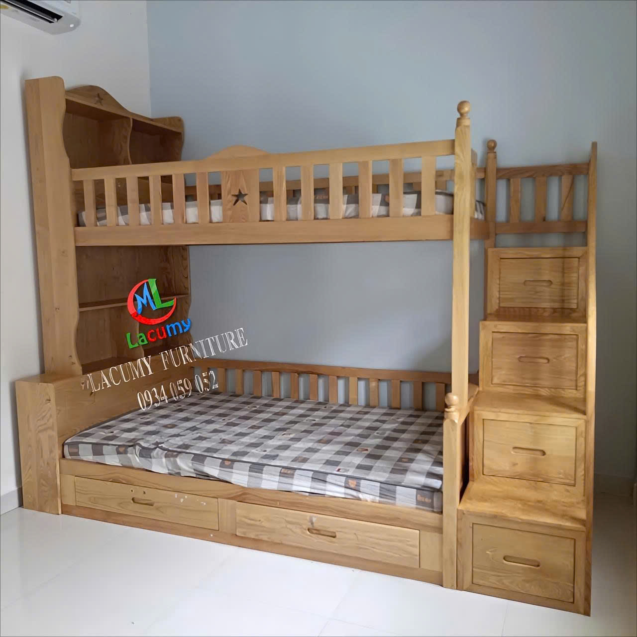 GIƯỜNG TẦNG CẦU THANG HỘC KÉO GỖ TẦN BÌ (SỒI NGA) - GT01