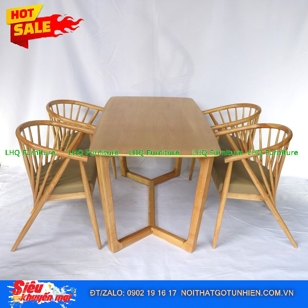 Bộ bàn ăn 4 ghế 12 nan – Bàn chân xương cá, gỗ cao su tự nhiên, sang trọng đẳng cấp