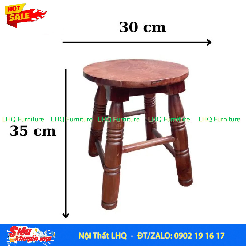 Ghế Đôn Vintage – Mặt Tròn 30, Cao 35cm, 4 Chân Tiện