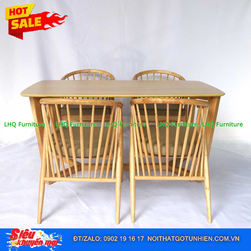 Bộ bàn ăn 4 ghế 12 nan – Bàn chân xương cá, gỗ cao su tự nhiên, sang trọng đẳng cấp