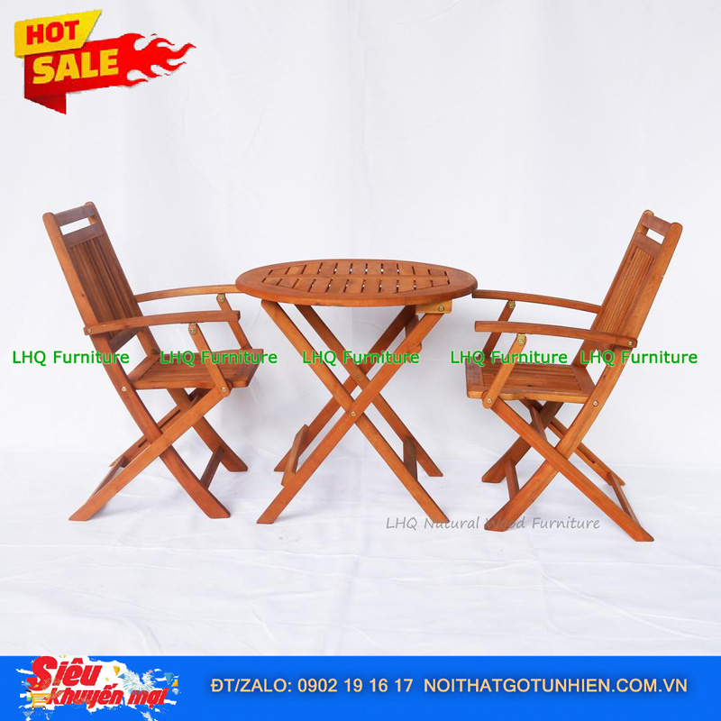 Bộ Bàn Cafe Xếp Gọn Xuất Khẩu – Bàn Tròn 60 Cao 73cm, Ghế Xếp Có Tay Vịn