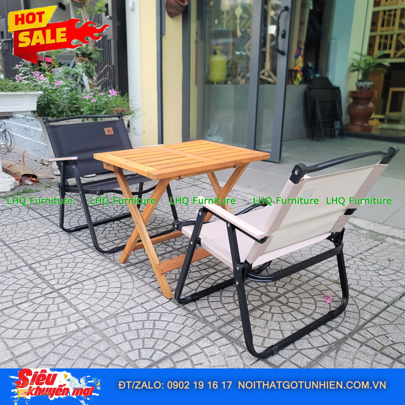 Bàn Chữ Nhật 40x60 Gỗ Tràm Tự Nhiên + 4 Ghế Camping – Bền Đẹp, Sang Trọng, Xếp Gọn