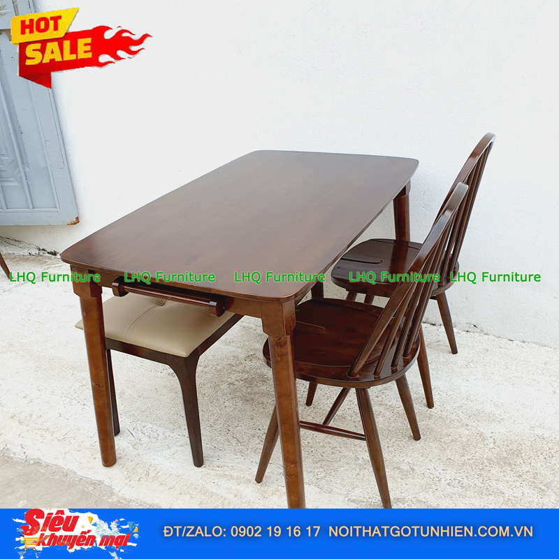 Bộ bàn ăn chân tròn 1m2 2 ghế 6 nan 1 bench – Kết hợp độc đáo, tiết kiệm diện tích