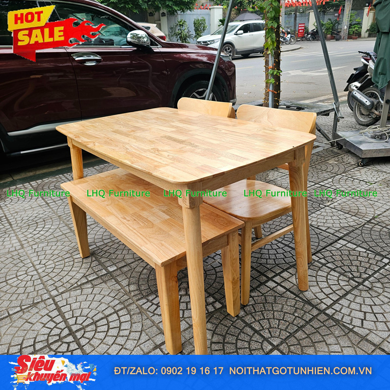 Bộ bàn ăn 1m2 1 ghế bench 2 ghế Mango mặt gỗ – Kết hợp độc đáo, tiết kiệm diện tích