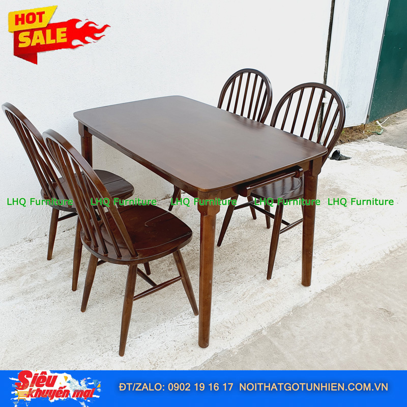 Bộ bàn ăn 1m2 4 ghế 6 nan màu walnut – Sang trọng, thoáng mát, tinh tế cho phòng ăn