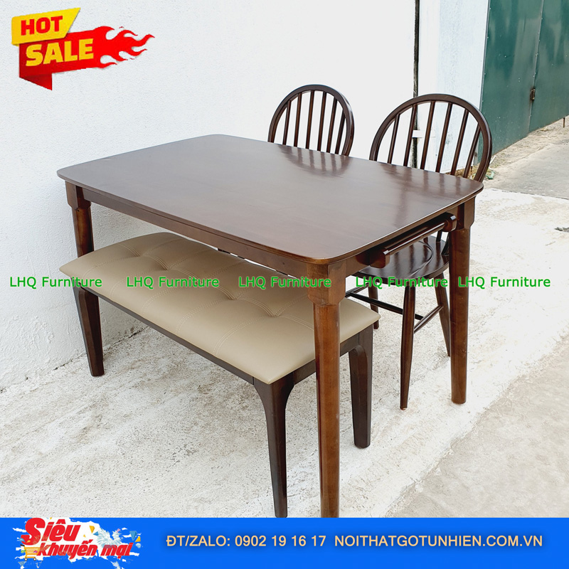 Bộ bàn ăn chân tròn 1m2 2 ghế 6 nan 1 bench – Kết hợp độc đáo, tiết kiệm diện tích