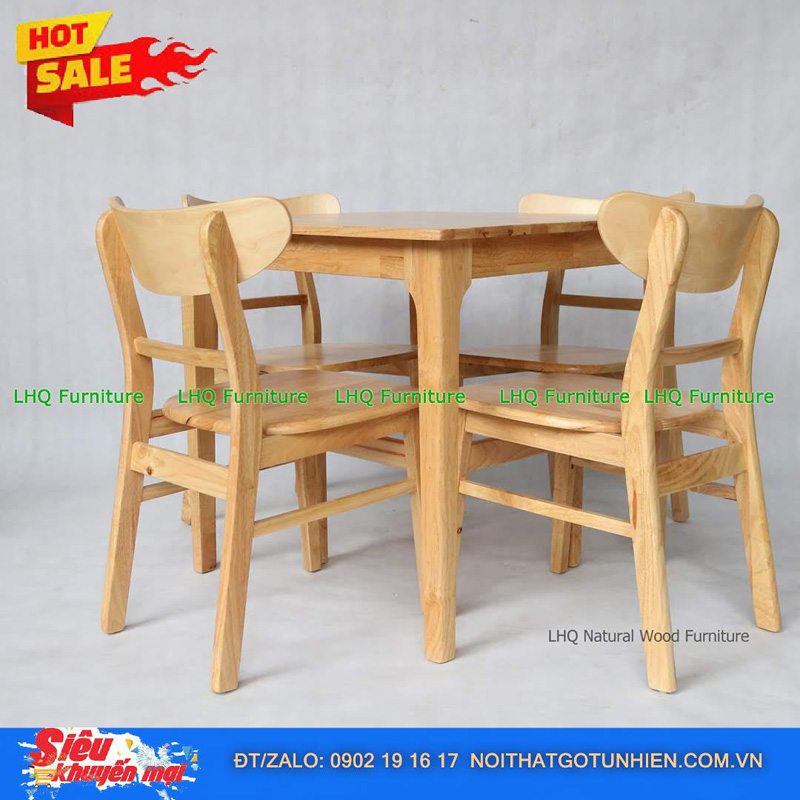 Bộ bàn ăn 4 ghế Mango chân vuông 80x80cm – Mặt gỗ tự nhiên, chân tháo ráp