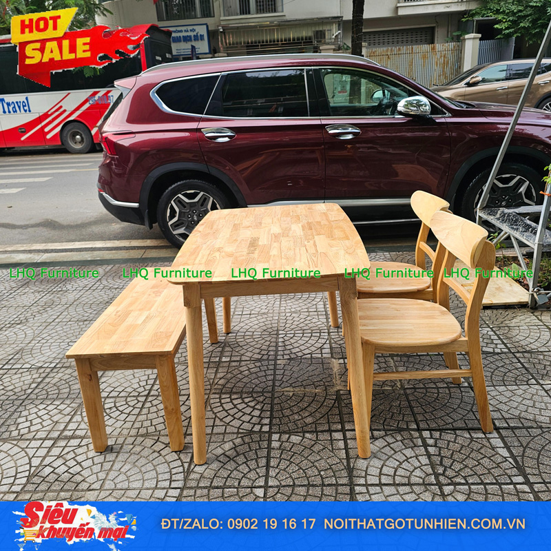 Bộ bàn ăn 1m2 1 ghế bench 2 ghế Mango mặt gỗ – Kết hợp độc đáo, tiết kiệm diện tích