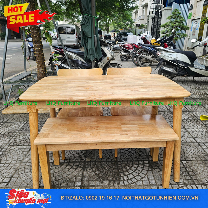 Bộ bàn ăn 1m2 1 ghế bench 2 ghế Mango mặt gỗ – Kết hợp độc đáo, tiết kiệm diện tích
