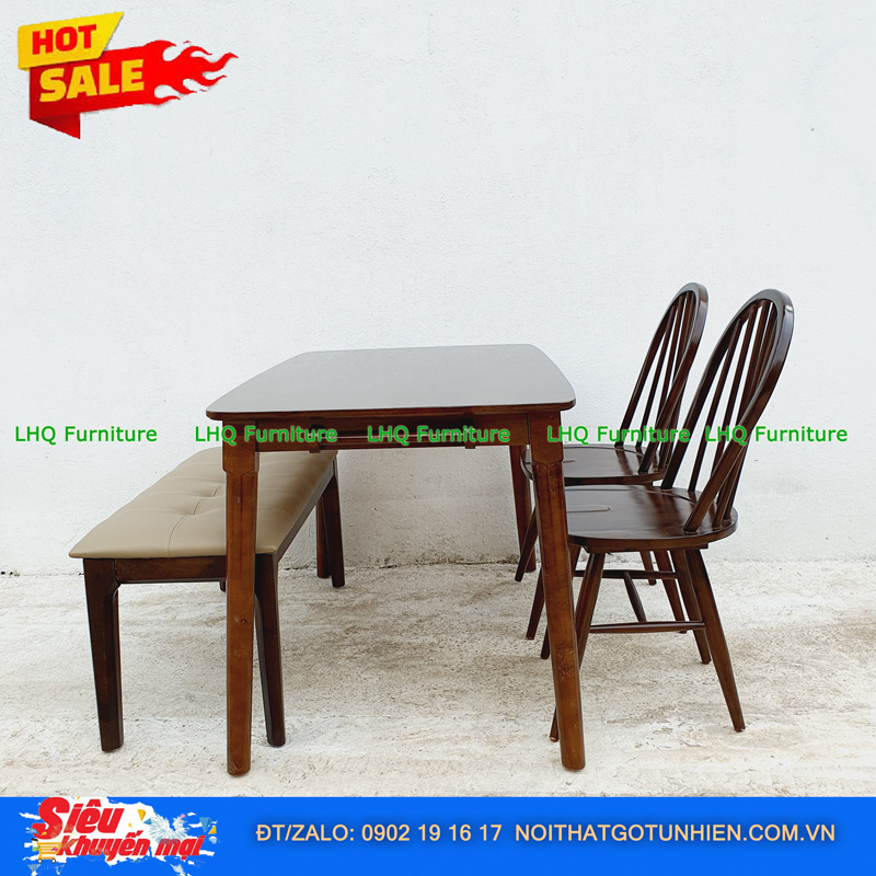 Bộ bàn ăn chân tròn 1m2 2 ghế 6 nan 1 bench – Kết hợp độc đáo, tiết kiệm diện tích