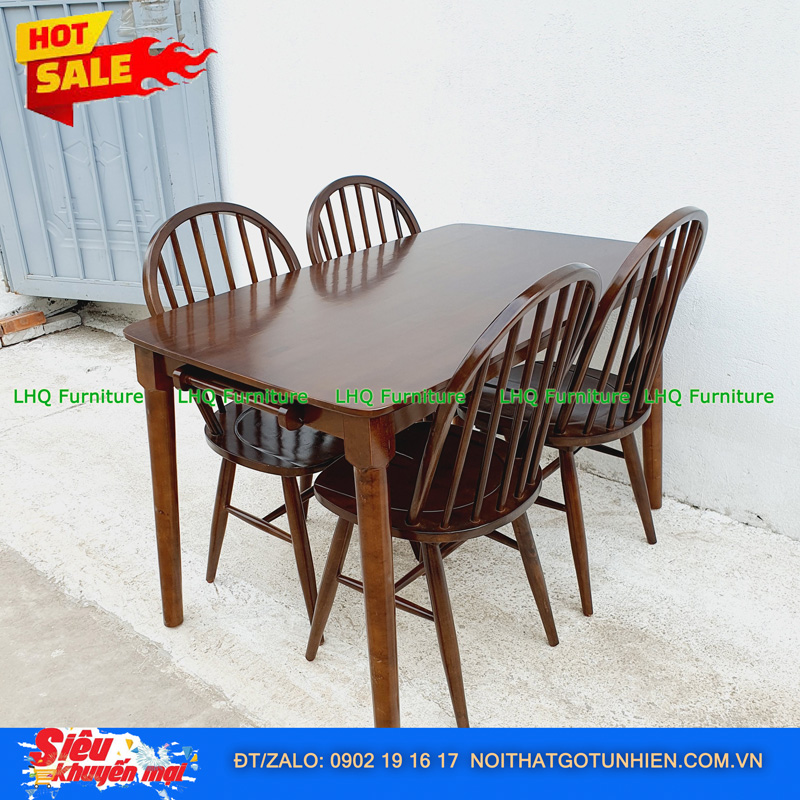 Bộ bàn ăn 1m2 4 ghế 6 nan màu walnut – Sang trọng, thoáng mát, tinh tế cho phòng ăn