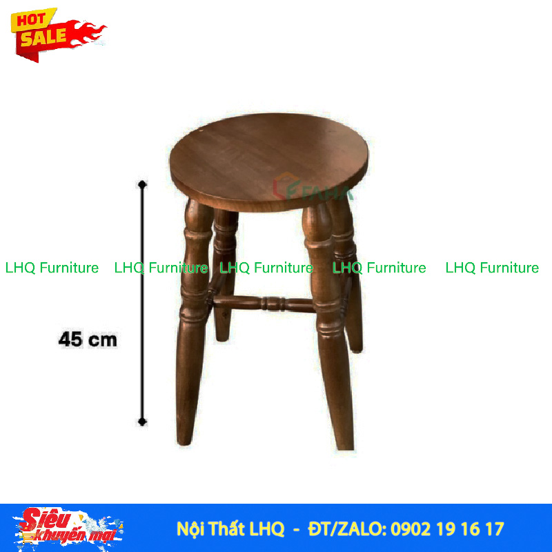 Ghế Đôn Gỗ Vintage – Mặt Tròn 30, Cao 45cm, 4 Chân Tiện