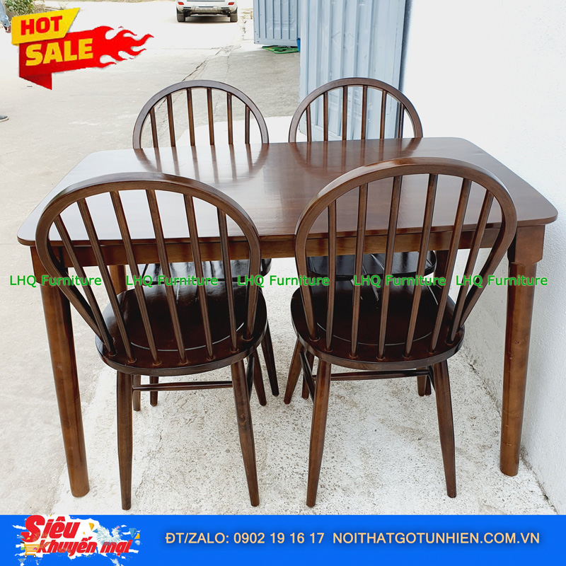 Bộ bàn ăn 1m2 4 ghế 6 nan màu walnut – Sang trọng, thoáng mát, tinh tế cho phòng ăn