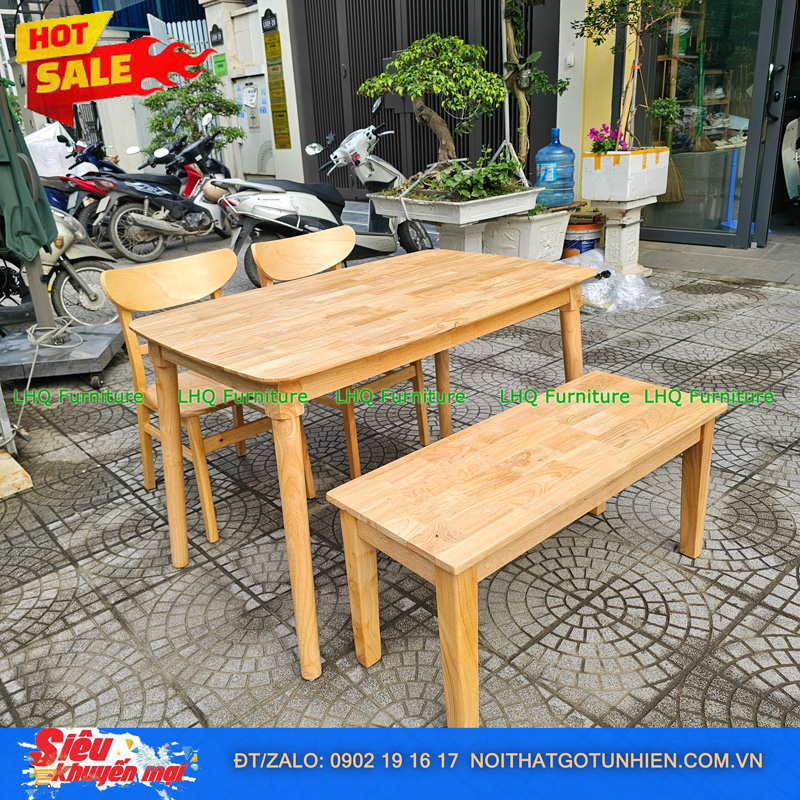 Bộ bàn ăn 1m2 1 ghế bench 2 ghế Mango mặt gỗ – Kết hợp độc đáo, tiết kiệm diện tích