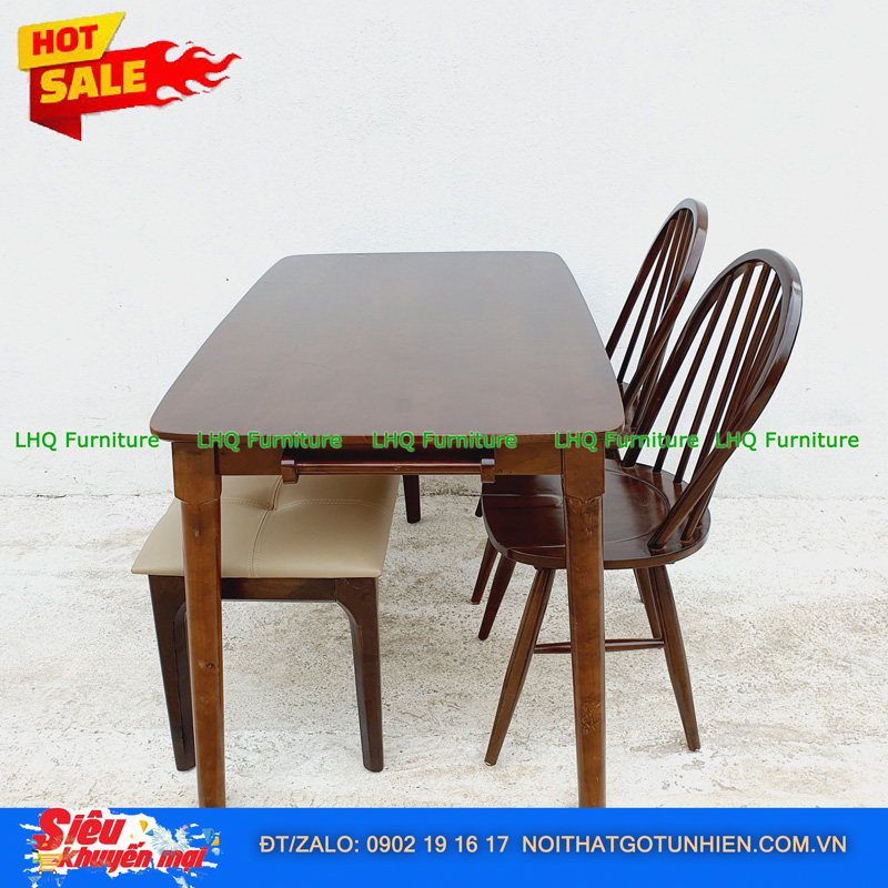 Bộ bàn ăn chân tròn 1m2 2 ghế 6 nan 1 bench – Kết hợp độc đáo, tiết kiệm diện tích