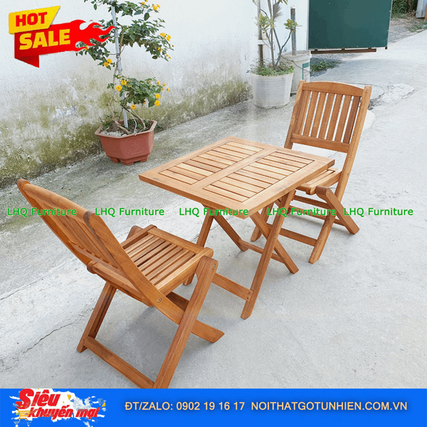Bộ Bàn Ghế Cafe Xếp Gọn Gỗ Tràm – Bàn Vuông 50 Cao 52, Ghế Xếp Xuôi Tiện Lợi