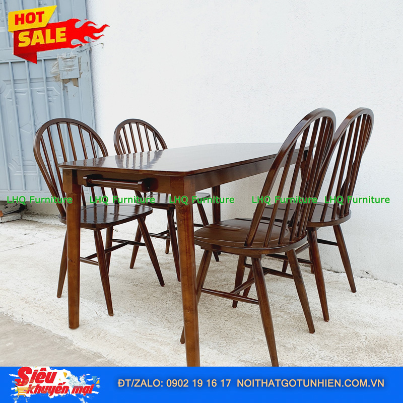 Bộ bàn ăn 1m2 4 ghế 6 nan màu walnut – Sang trọng, thoáng mát, tinh tế cho phòng ăn