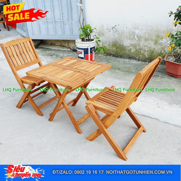 Bộ Bàn Ghế Cafe Xếp Gọn Gỗ Tràm – Bàn Vuông 50 Cao 52, Ghế Xếp Xuôi Tiện Lợi