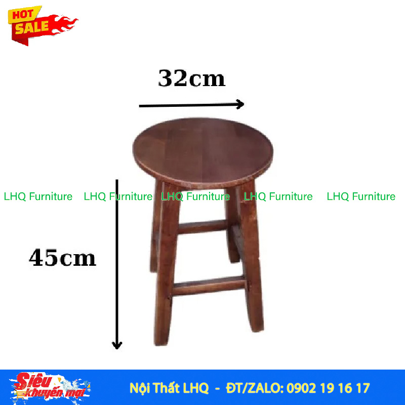 Ghế Đôn Gỗ Mặt Tròn 32 – Cao 45cm, Chân Vuông, 4 Thanh Giằng Tròn