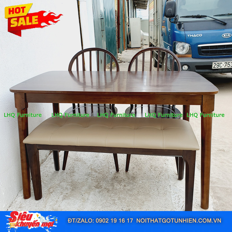 Bộ bàn ăn chân tròn 1m2 2 ghế 6 nan 1 bench – Kết hợp độc đáo, tiết kiệm diện tích