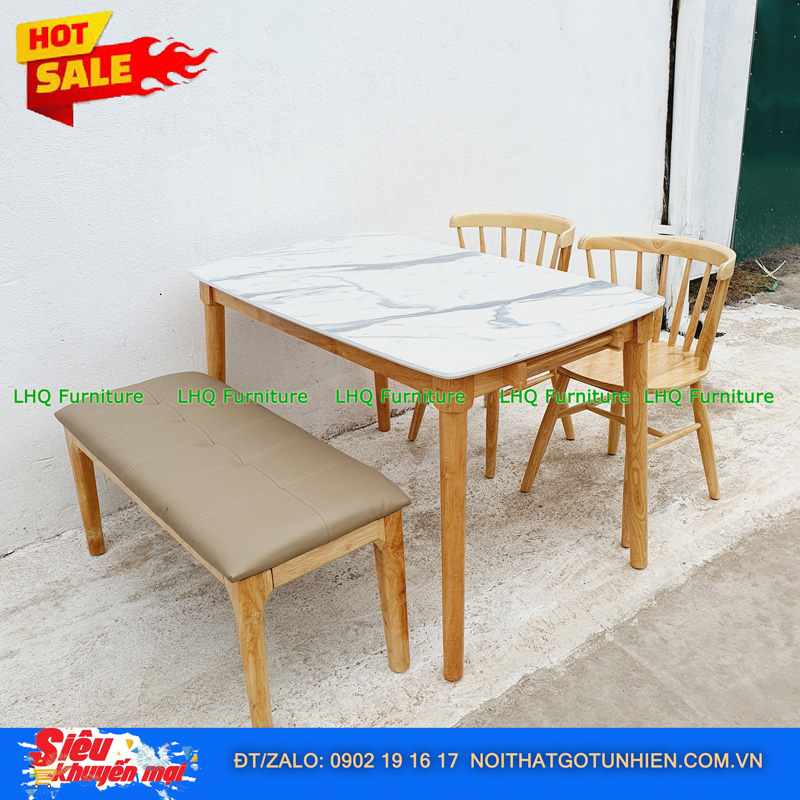 Bộ bàn ăn 1m2 2 ghế 9 nan 1 bench – Kết hợp độc đáo, tiết kiệm diện tích cho mọi nhà