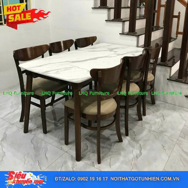 Bộ bàn 1m6 giả đá 6 ghế Panda – Màu tự nhiên và Walnut, ôm lưng, rộng rãi, dễ vệ sinh