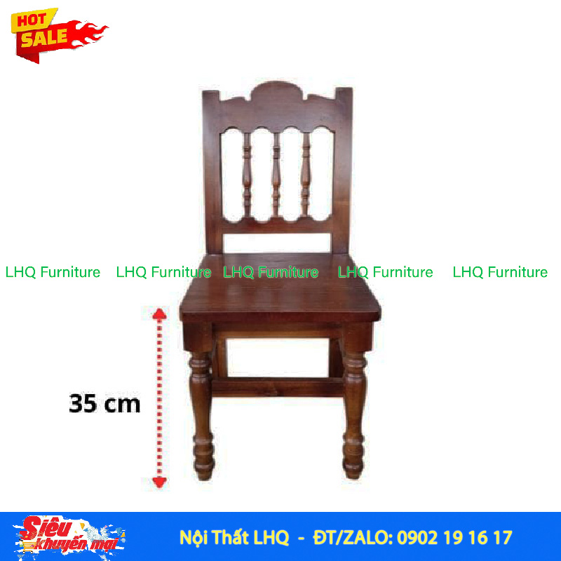Ghế Cafe Vintage – Mặt Cao 35cm, 2 Chân Trước Tiện, Tựa Lưng 3 Thanh Tròn Tiện