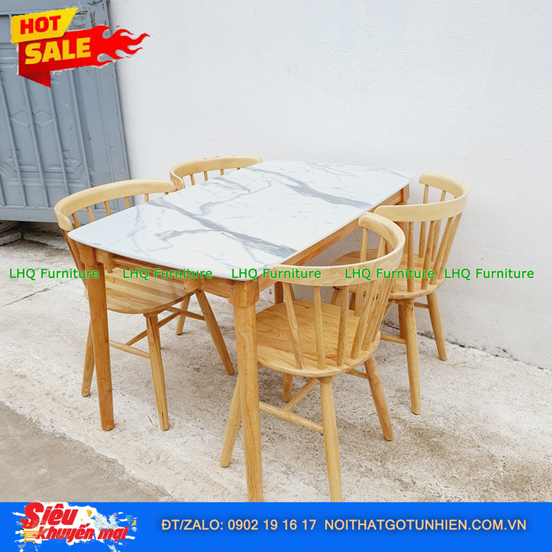 Bộ bàn ăn 1m2 4 ghế 9 nan gỗ cao su tự nhiên – Thoáng mát, bền đẹp sang trọng