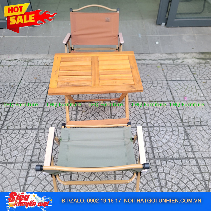 Bàn Chữ Nhật 40x60 Gỗ Tràm Tự Nhiên + 4 Ghế Camping – Bền Đẹp, Sang Trọng, Xếp Gọn