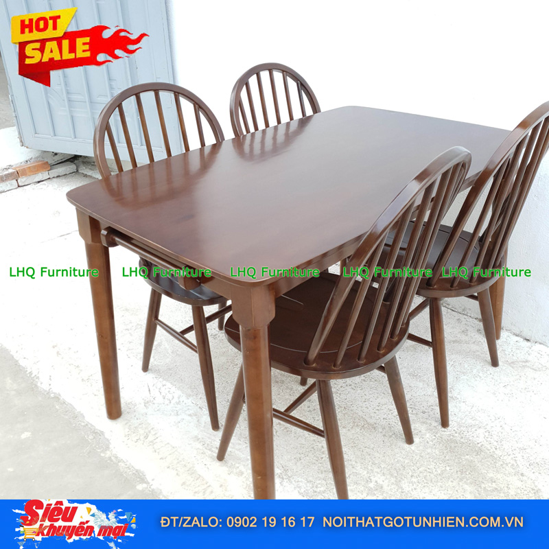Bộ bàn ăn 1m2 4 ghế 6 nan màu walnut – Sang trọng, thoáng mát, tinh tế cho phòng ăn