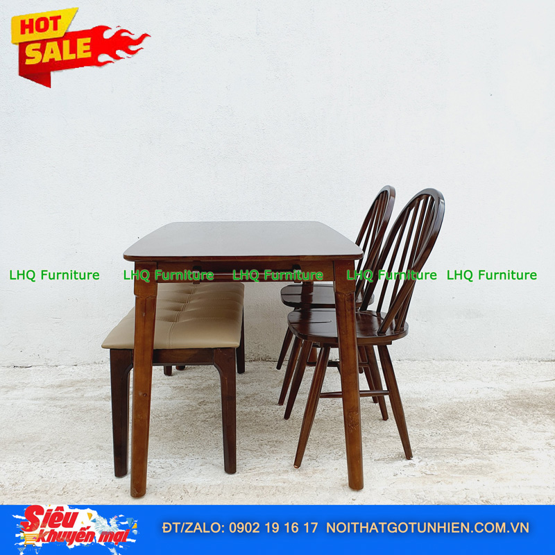 Bộ bàn ăn chân tròn 1m2 2 ghế 6 nan 1 bench – Kết hợp độc đáo, tiết kiệm diện tích