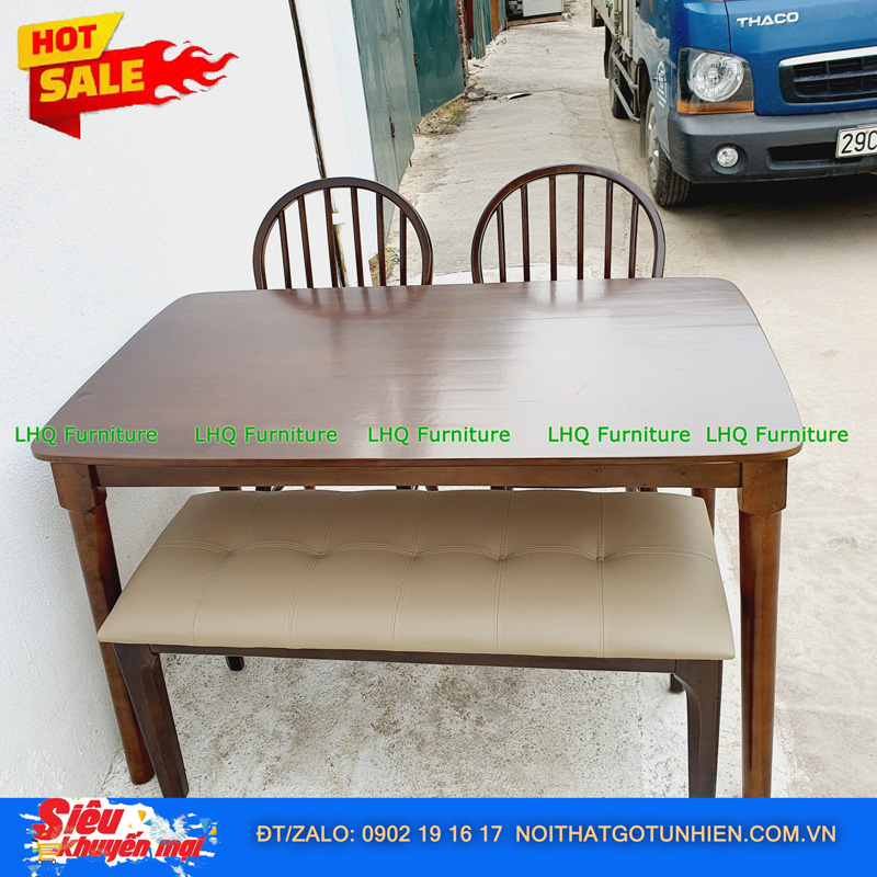 Bộ bàn ăn chân tròn 1m2 2 ghế 6 nan 1 bench – Kết hợp độc đáo, tiết kiệm diện tích