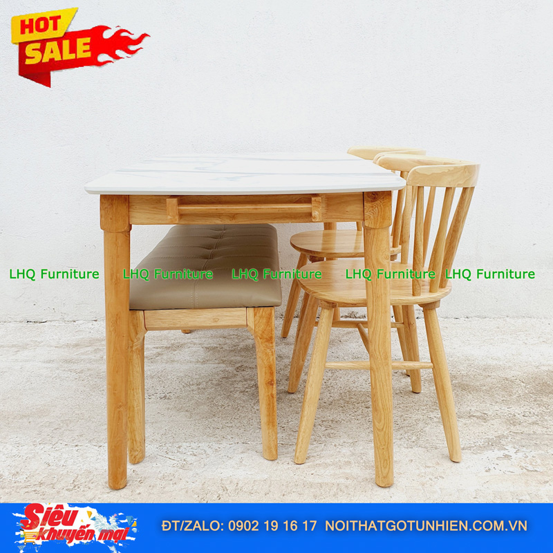 Bộ bàn ăn 1m2 2 ghế 9 nan 1 bench – Kết hợp độc đáo, tiết kiệm diện tích cho mọi nhà