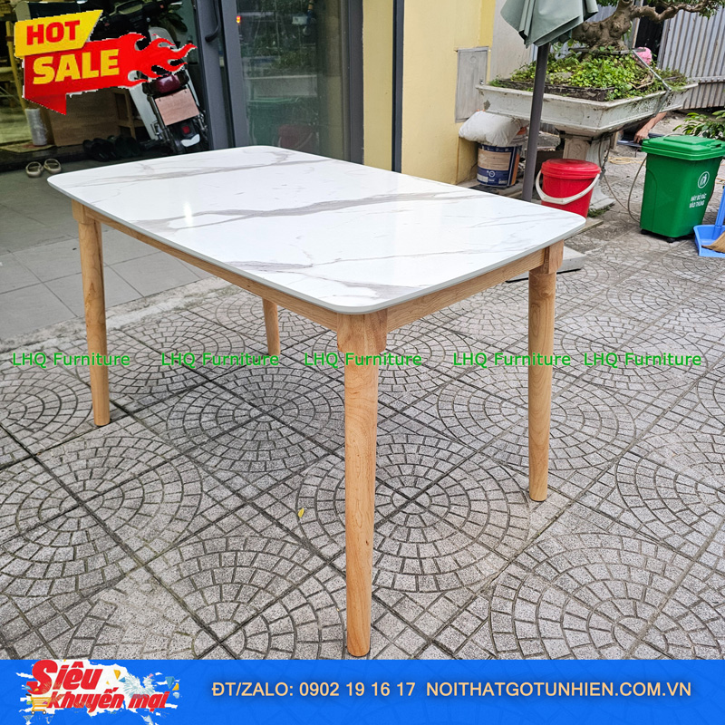 Siêu sale – Bàn ăn 1m6 mặt giả đá + 6 ghế chữ A sơn màu tự nhiên – Giá chỉ 4.500.000đ