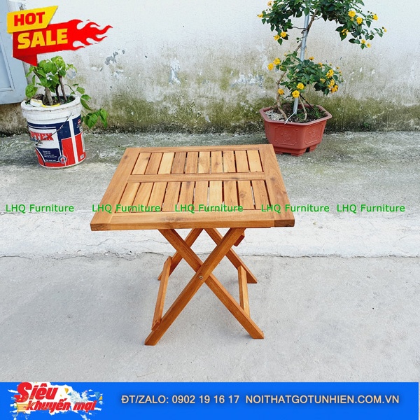 Bộ Bàn Ghế Cafe Xếp Gọn Gỗ Tràm – Bàn Vuông 50 Cao 52, Ghế Xếp Xuôi Tiện Lợi