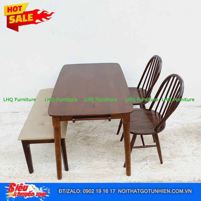 Bộ bàn ăn chân tròn 1m2 2 ghế 6 nan 1 bench – Kết hợp độc đáo, tiết kiệm diện tích