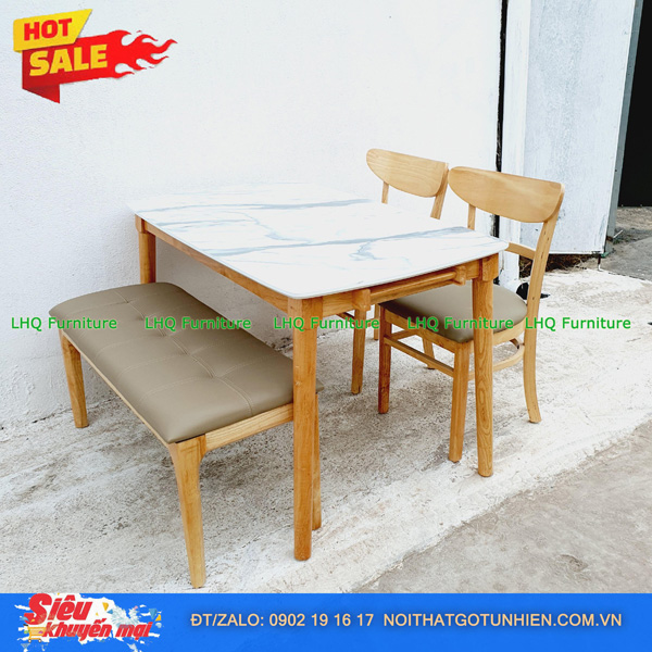 Bộ bàn 1m2 giả đá 2 ghế Panda + 1 bench mặt nệm si Thái Lan